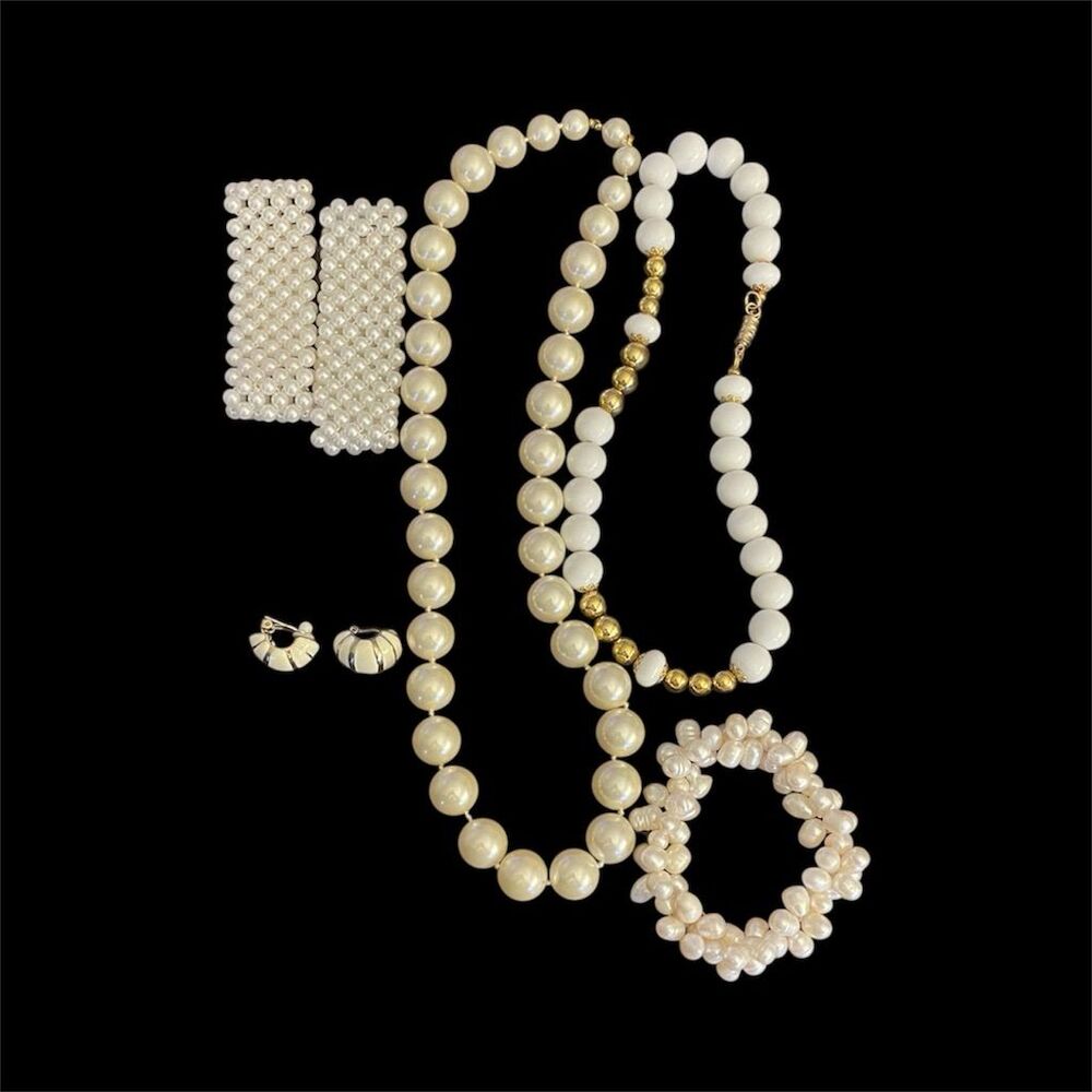 Kissaka Vintage Pearl Jewelry Set Necklace Bracelet Earrings Wedding